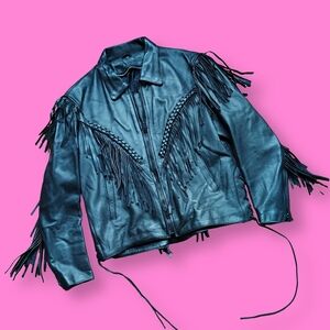 90s Vintage Women's Black Leather Biker Jacket Braided & Fringed Large 14 Fringe